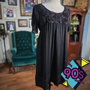 Vintage 90s ICE Black Babydoll 3D Floral Rosette Chiffon Mini Dress